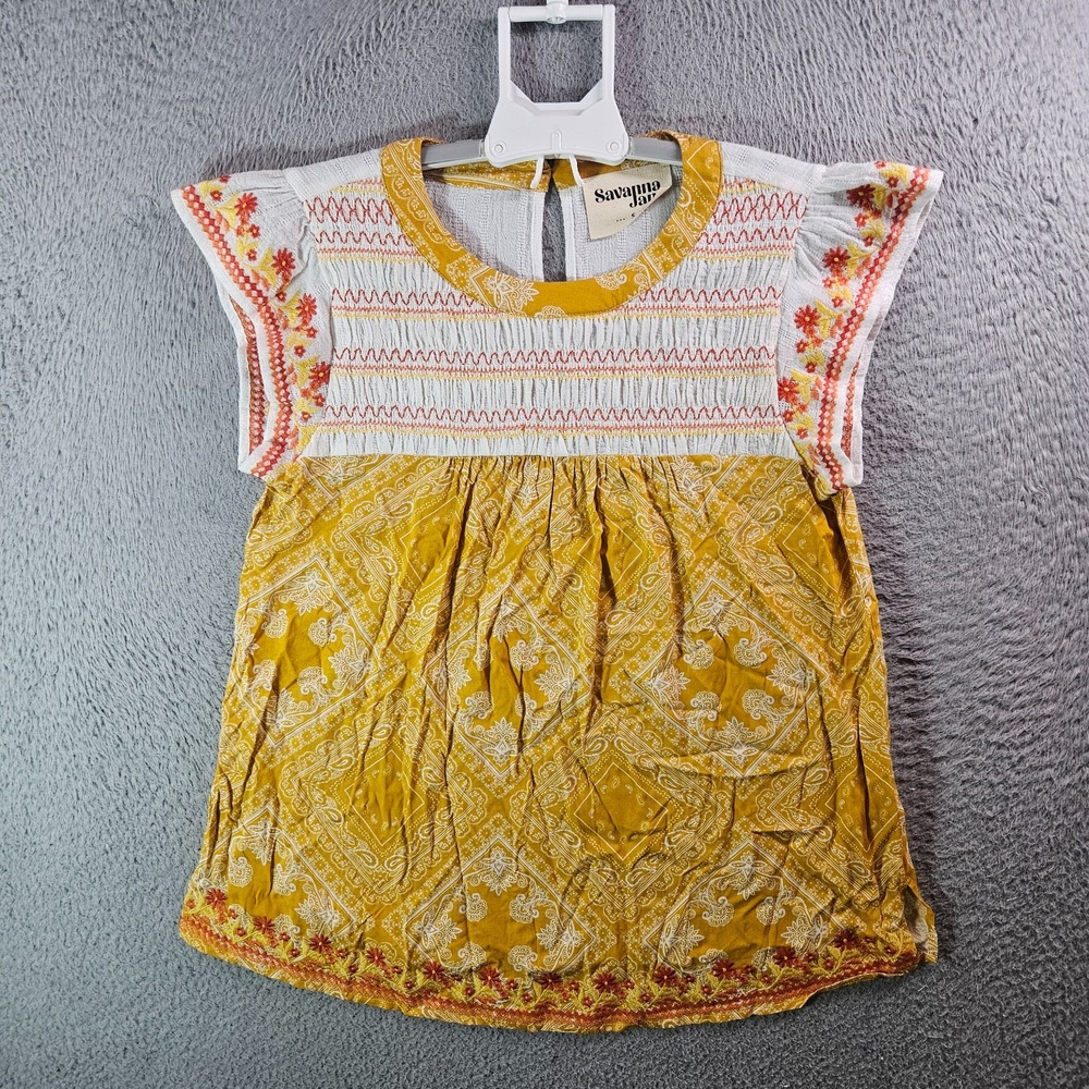 NEW Savanna Jane Embroidered Top Women Small White Mustard Yellow Cottoncore